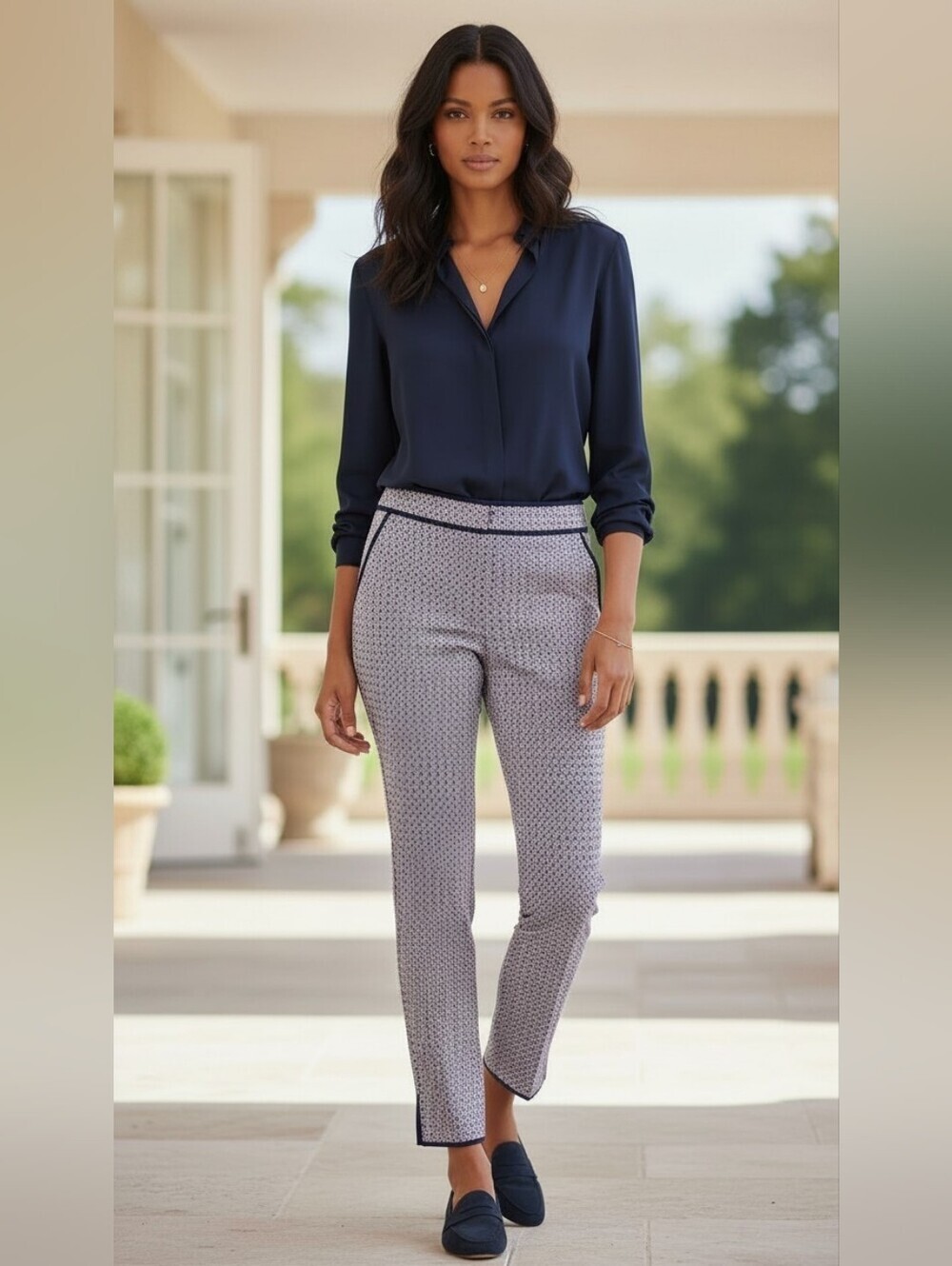 Talbots Navy Blue White Geometric Print Slim Ankle Pants Preppy Size 10
